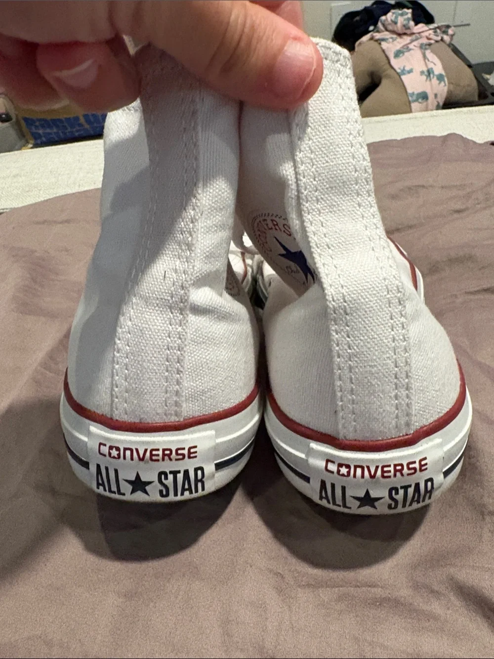 Converse Canvas White High Top Sneakers with Red & Blue Trim